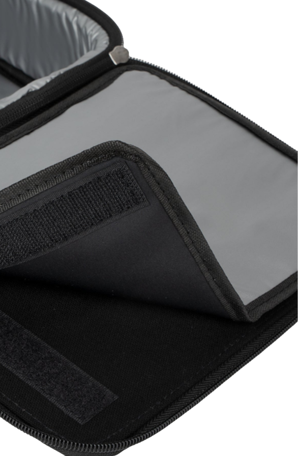 A black Gymstar brand lunch bag with a text and graphic design that includes the phrases 'EAT', 'SLEEP', 'REPEAT', and 'GYM', alongside a star symbol. The bag has a carry handle and a zippered closure. inner view.