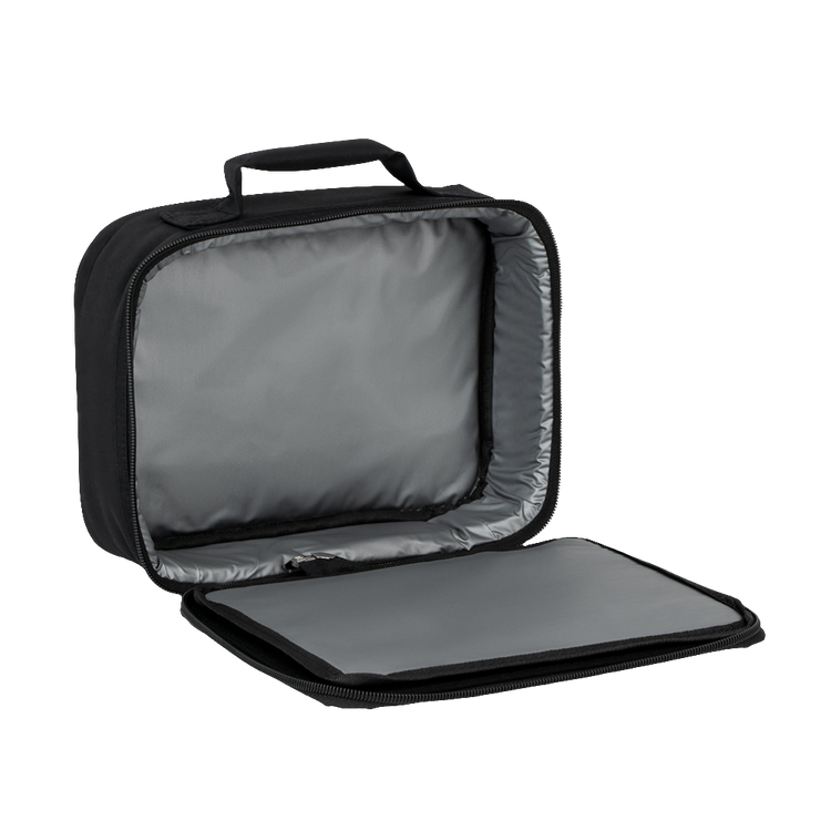 A black Gymstar brand lunch bag with a text and graphic design that includes the phrases 'EAT', 'SLEEP', 'REPEAT', and 'GYM', alongside a star symbol. The bag has a carry handle and a zippered closure, inner view.