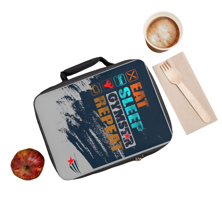 A black Gymstar brand lunch bag with a text and graphic design that includes the phrases 'EAT', 'SLEEP', 'REPEAT', and 'GYM', alongside a star symbol. The bag has a carry handle and a zippered closure.