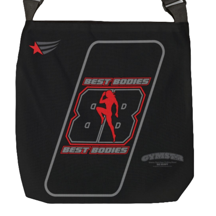 a black sports bag gymstar brandet with Berst Bodies design and gymsar logo