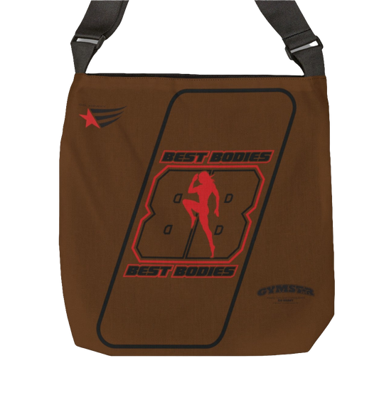 a brown tote bag with 'GYMSTAR' branding and a graphic Best Bodies design that includes a silhouette of a person lifting weights.