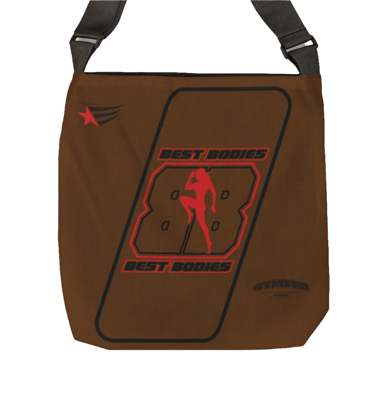a brown tote bag with 'GYMSTAR' branding and a graphic Best Bodies design that includes a silhouette of a person lifting weights.