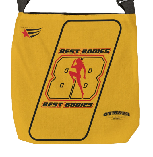 An yelow GYMSTAR branded adjustable tote bag with a black strap and black interior lining, designed for fitness and gym best bodies activities.