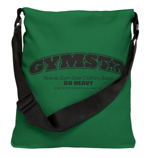 An green GYMSTAR branded adjustable tote bag with a black strap and black interior lining, designed for fitness and gym best bodies activities bac side view.