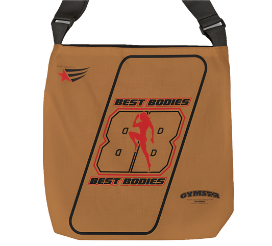 An orange GYMSTAR branded adjustable tote bag with a black strap and black interior lining, designed for fitness and gym activities front view.