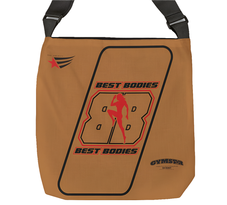 An orange GYMSTAR branded adjustable tote bag with a black strap and black interior lining, designed for fitness and gym activities front view.