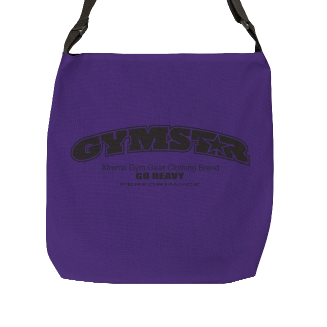 A  purple tote bag with a 'GYMSTAR' logo back side view.