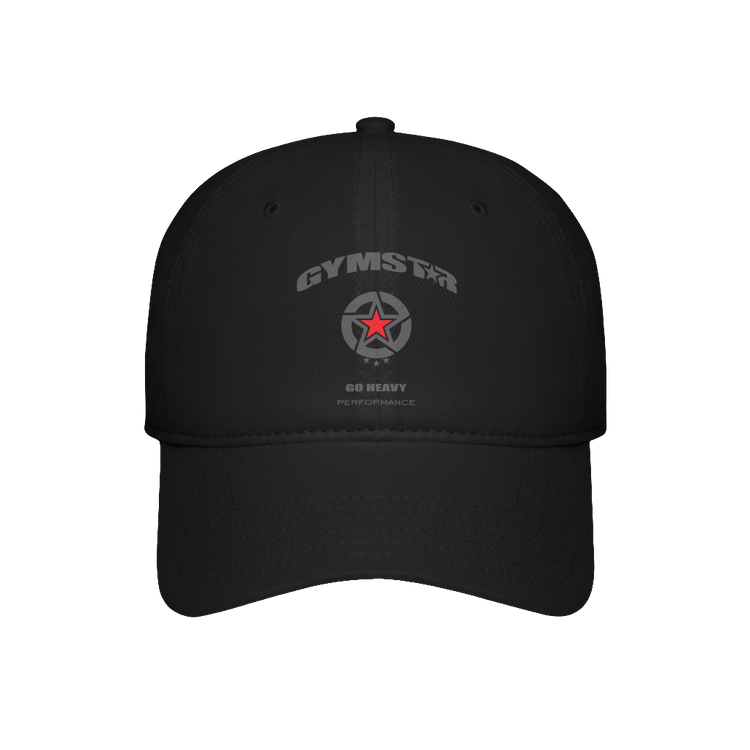Baseball, black Gymstar hat, suitable for sports, running and fitness, branded with the Gymstar logo.