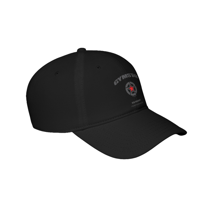 A black Gymstar Fitness baseball cap with a structured design and a logo on the front.