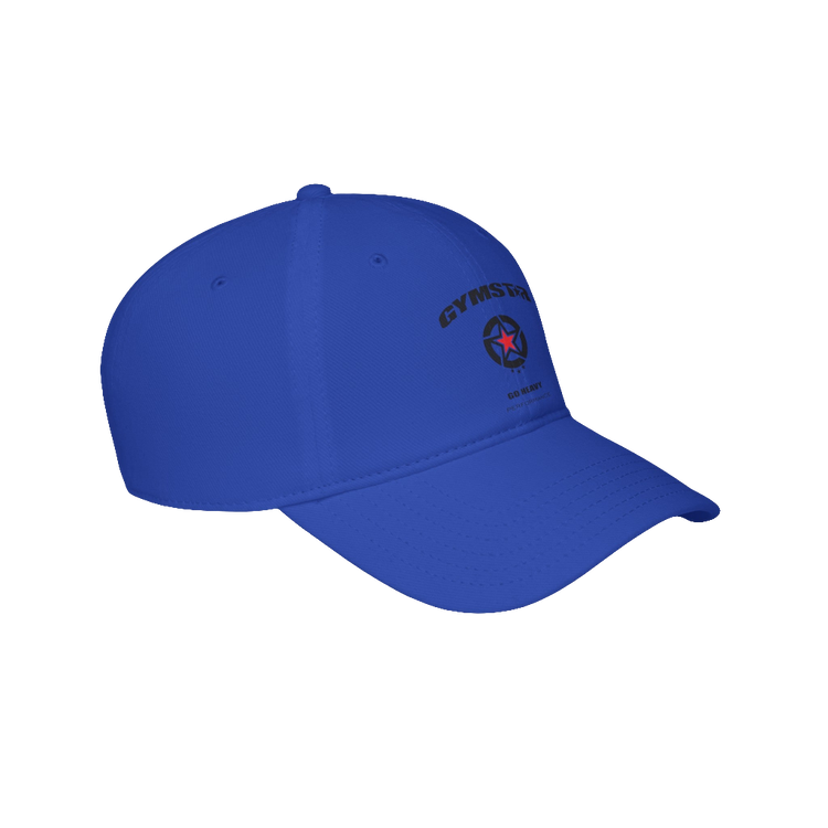 A blue Gymstar Fitness baseball cap with a structured design and a logo on the left.
