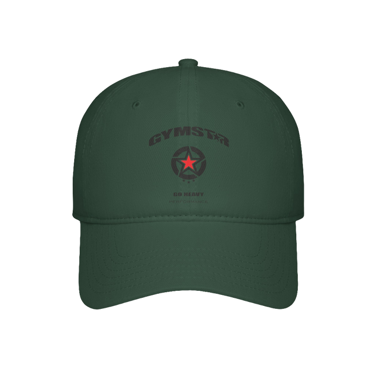 Baseball, green Gymstar hat, suitable for sports, running and fitness, branded with the Gymstar logo.