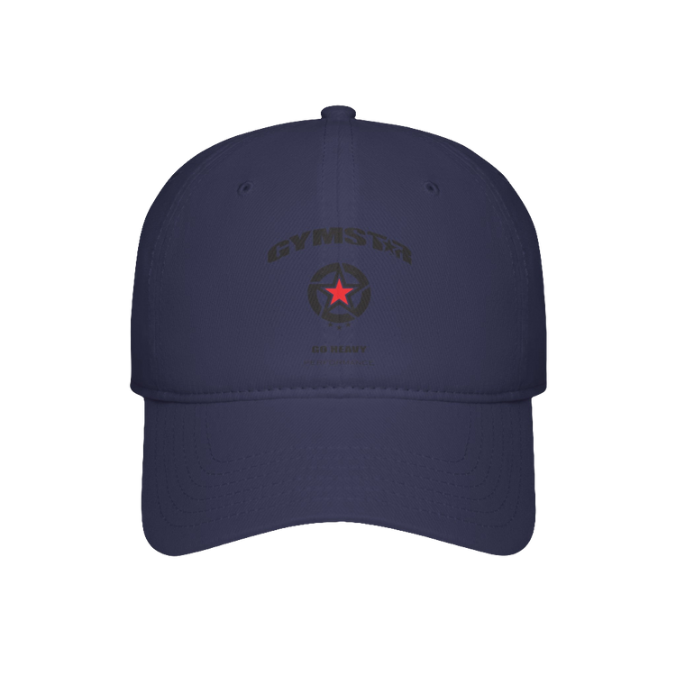 Baseball, navy blue Gymstar hat, suitable for sports, running and fitness, branded with the Gymstar logo.