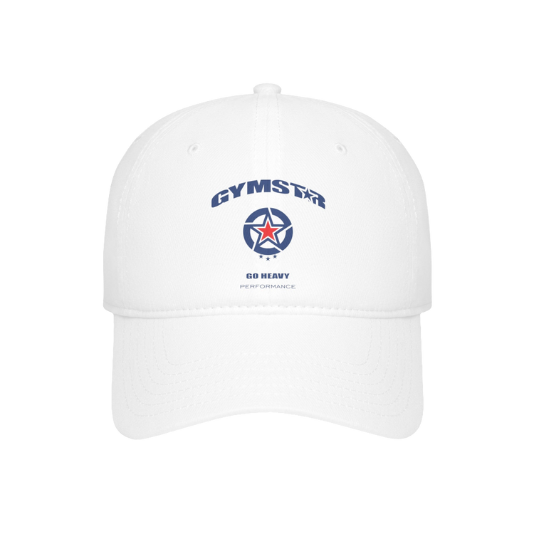 Baseball, white Gymstar hat, suitable for sports, running and fitness, branded with the Gymstar logo.