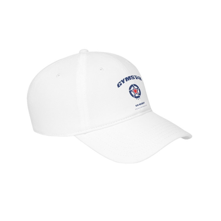 A white Gymstar Fitness baseball cap with a structured design and a logo on the front.