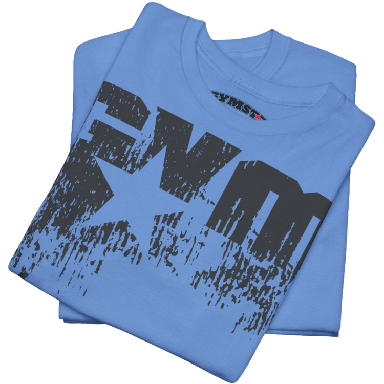 A carolina blue Gymstar t-shirt with the text 'GYM' printed on the front, along with graphics of a weightlifter and dumbbells. Close up front view.