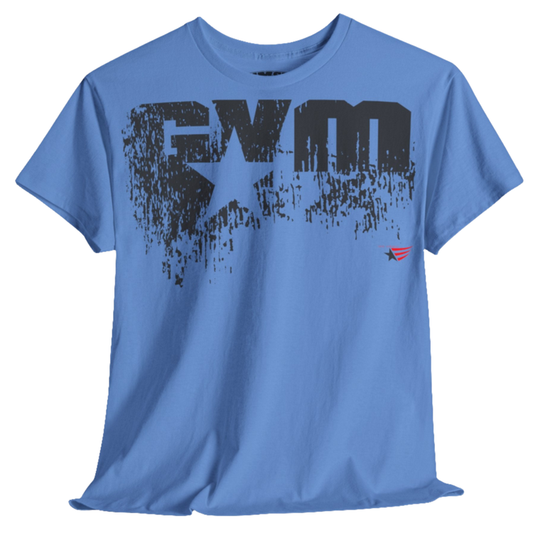 A carolina blue Gymstar t-shirt with the text 'GYM' printed on the front, along with graphics of a weightlifter and dumbbells. Front view.