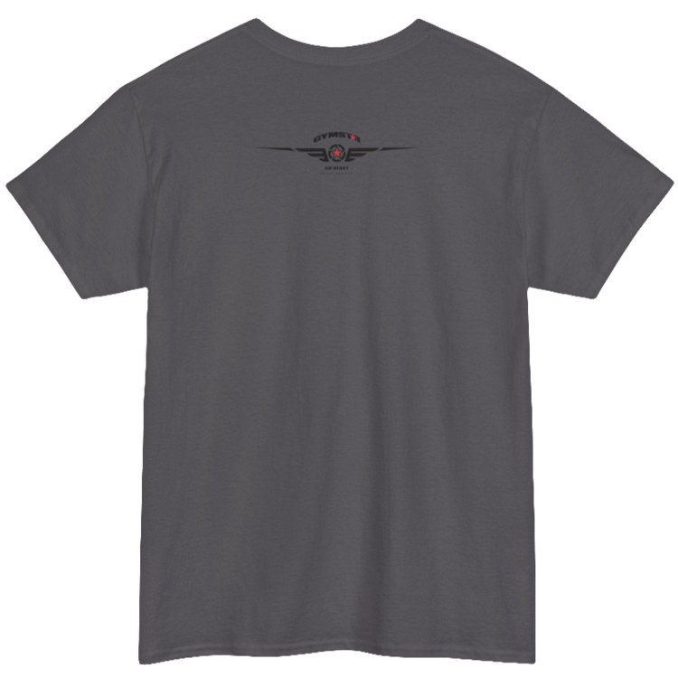 A sport grey Gymstar t-shirt with the text 'I WANT YOU' printed on the front, along with graphics of a weightlifter and dumbbells. Rear view.