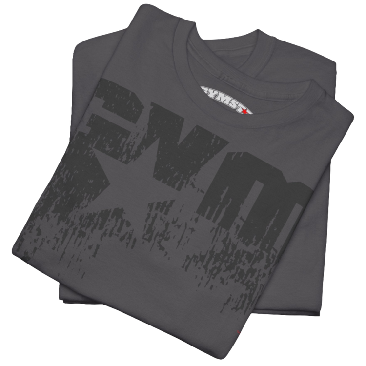 A sport grey Gymstar t-shirt with the text 'GYM' printed on the front, along with graphics of a weightlifter and dumbbells. Close up front view.