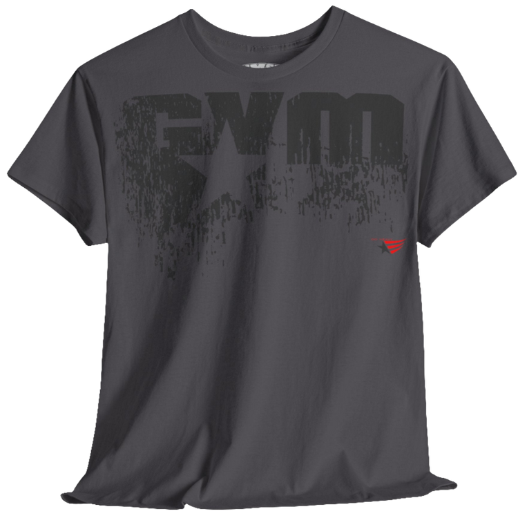 A sport grey Gymstar t-shirt with the text 'GYM' printed on the front, along with graphics of a weightlifter and dumbbells. Front view.