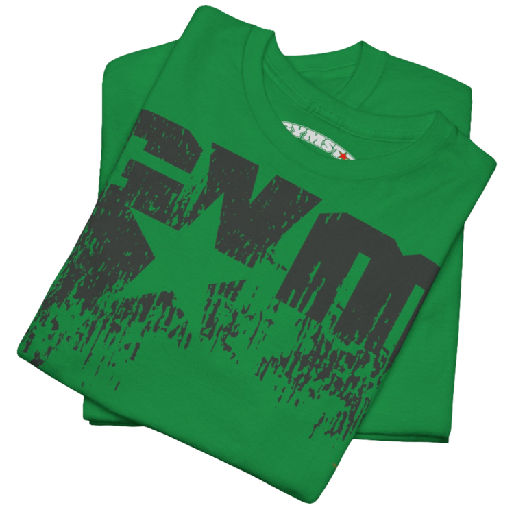 A green Gymstar t-shirt with the text 'GYM' printed on the front, along with graphics of a weightlifter and dumbbells. Close up front view.