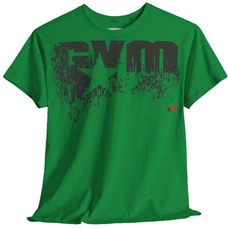 A green Gymstar t-shirt with the text 'GYM' printed on the front, along with graphics of a weightlifter and dumbbells. Front view.