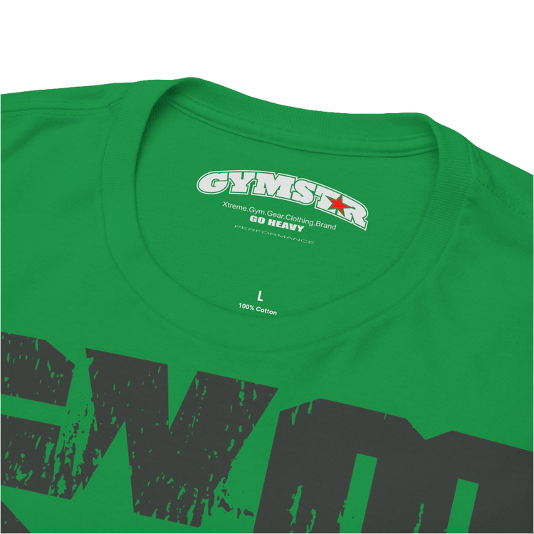 A green Gymstar t-shirt with the text 'GYM' printed on the front, along with graphics of a weightlifter and dumbbells. Close up  view.