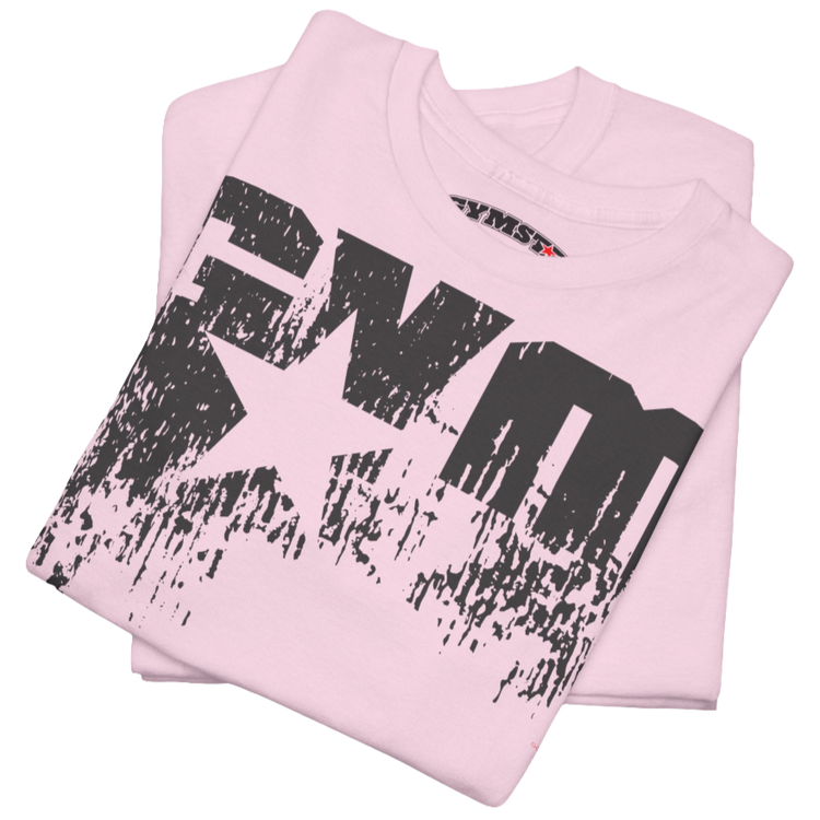 A pink Gymstar t-shirt with the text 'GYM' printed on the front, along with graphics of a weightlifter and dumbbells. Close up front view.