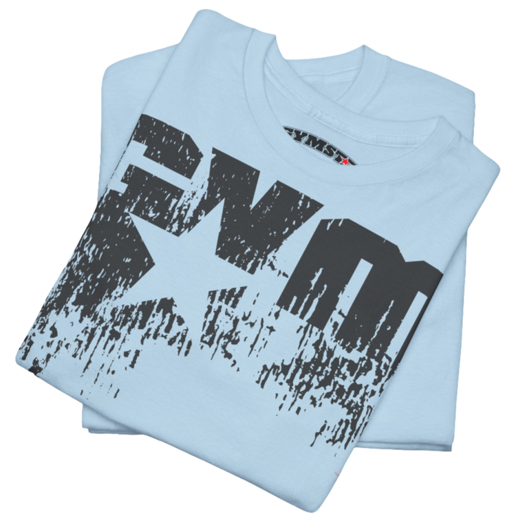 A carolina blue Gymstar t-shirt with the text 'GYM' printed on the front, along with graphics of a weightlifter and dumbbells. Close up front view.