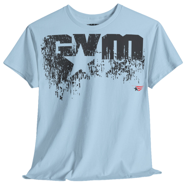 A carolina blue Gymstar t-shirt with the text 'GYM' printed on the front, along with graphics of a weightlifter and dumbbells. front view.