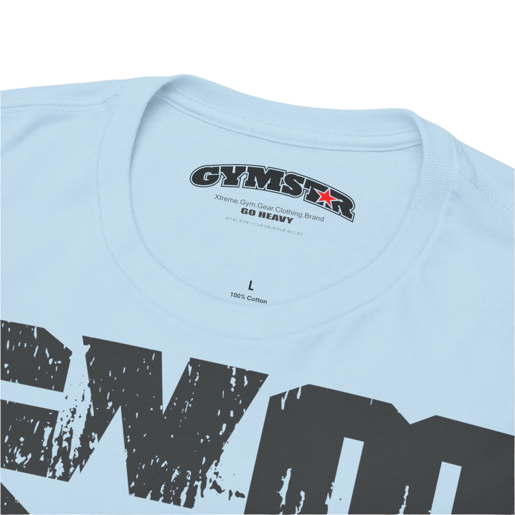 A carolina blue Gymstar t-shirt with the text 'GYM' printed on the front, along with graphics of a weightlifter and dumbbells. Close up  view.