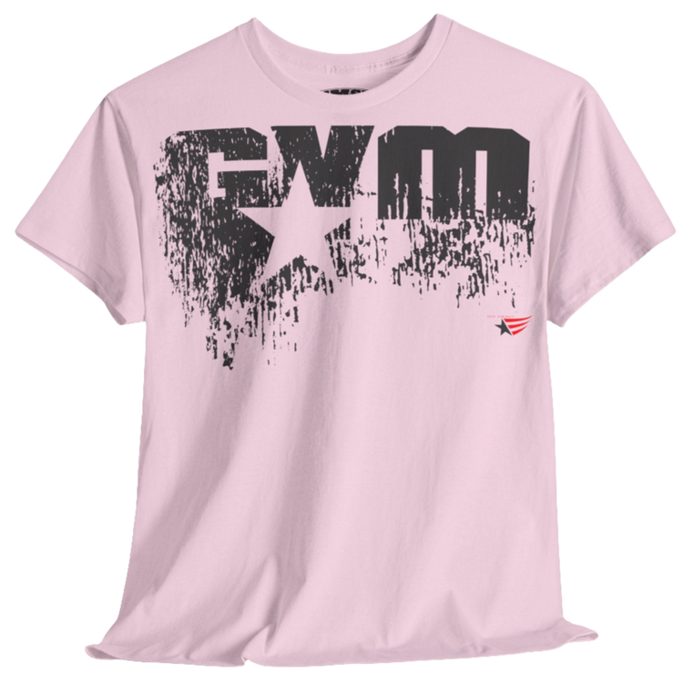 A pink Gymstar t-shirt with the text 'GYM' printed on the front, along with graphics of a weightlifter and dumbbells. front view.