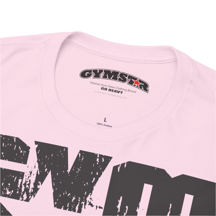A pink Gymstar t-shirt with the text 'GYM' printed on the front, along with graphics of a weightlifter and dumbbells. Close up view.