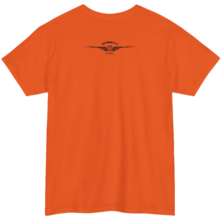 A orange Gymstar t-shirt with the text 'GYM' printed on the front, along with graphics of a weightlifter and dumbbells. Rear view.
