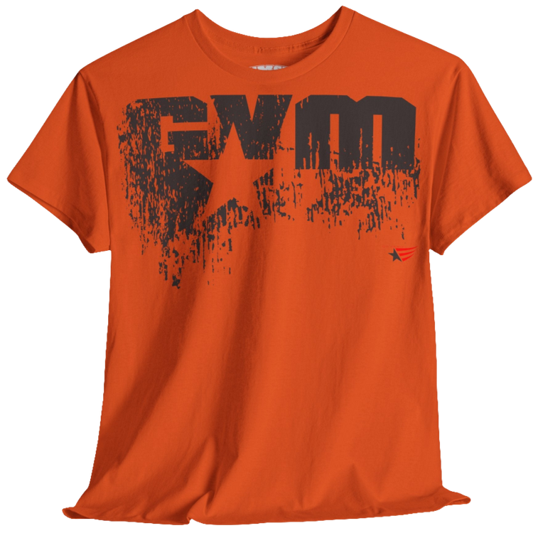 A orange Gymstar t-shirt with the text 'GYM' printed on the front, along with graphics of a weightlifter and dumbbells.  front view.