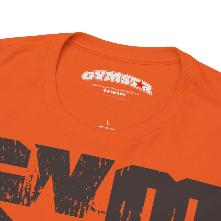 A orange Gymstar t-shirt with the text 'GYM' printed on the front, along with graphics of a weightlifter and dumbbells.  Cose up view.