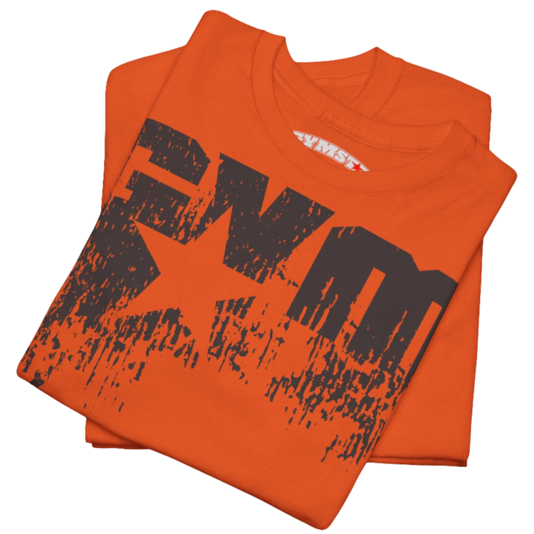 A orange Gymstar t-shirt with the text 'GYM' printed on the front, along with graphics of a weightlifter and dumbbells. Close up front view.