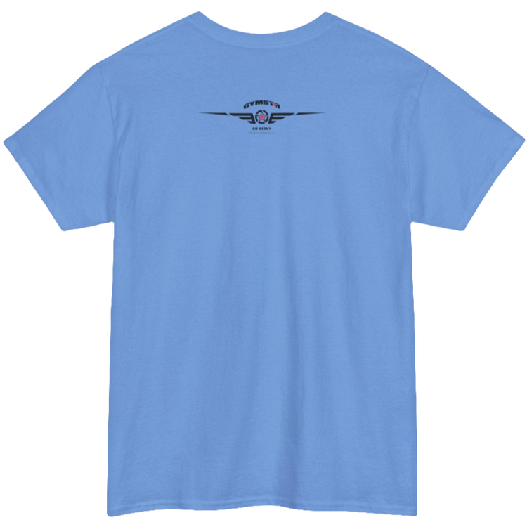 A carolina blue Gymstar t-shirt with the text 'I WANT YOU' printed on the front, along with graphics of a weightlifter and dumbbells. Rear view.