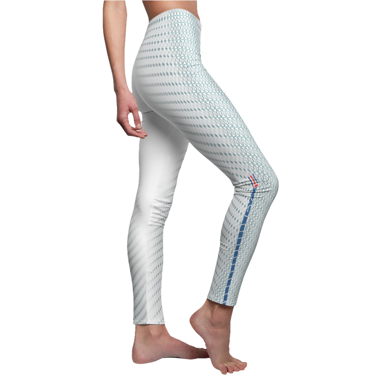 A right view of a woman wearing white, solid color Gymstar fitness leggings with a high waist.