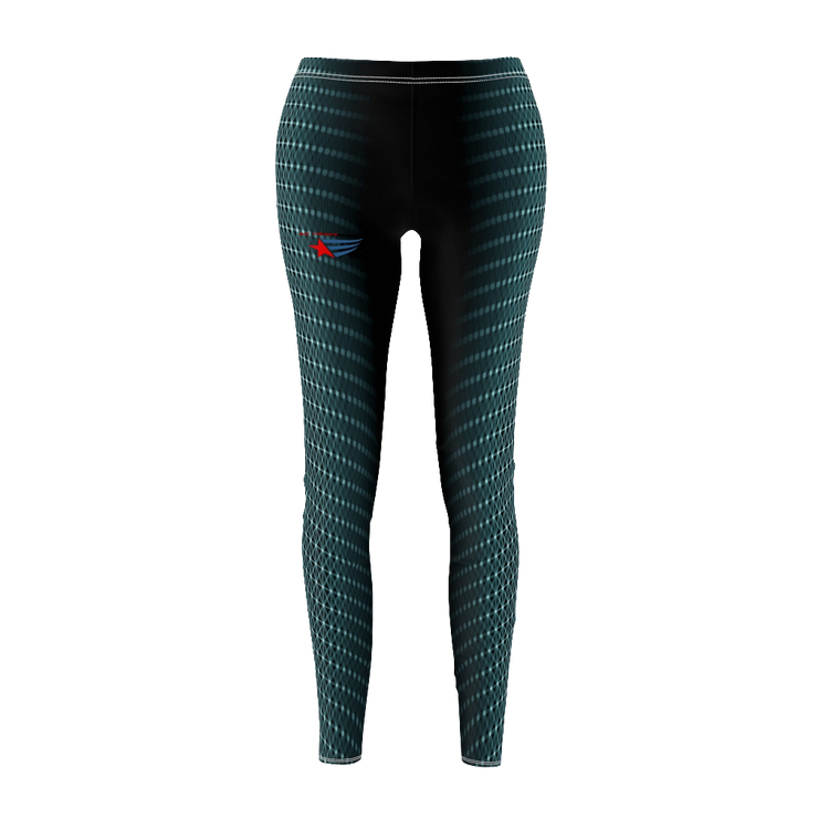 Women's fitness leggings with a geometric cut and sew pattern, and a logo predominantly in green with black accents, designed for yoga and crossfit. Right side view. Front view.