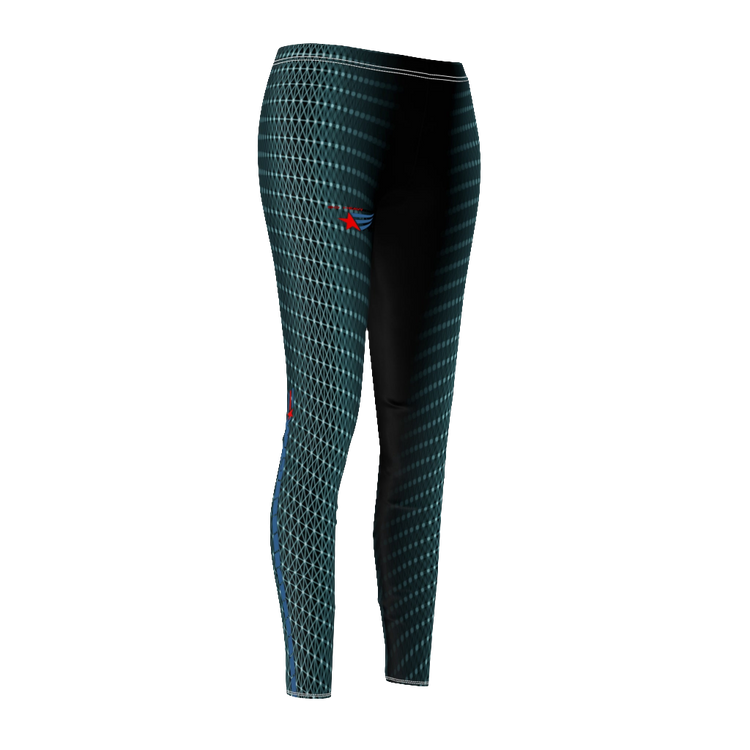Women's fitness leggings with a geometric cut and sew pattern, and a logo predominantly in green with black accents, designed for yoga and crossfit. Right side view. Right side view.