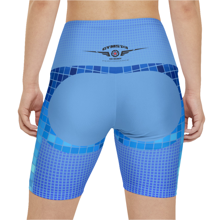 A woman wearings blue patterned GYMSTAR shorts with branding logo. Rear close up vew.
