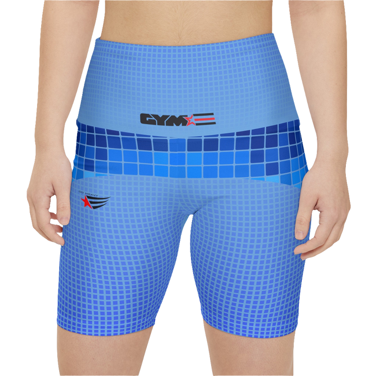 A woman wearings blue patterned GYMSTAR shorts with branding logo. Front close up vew.