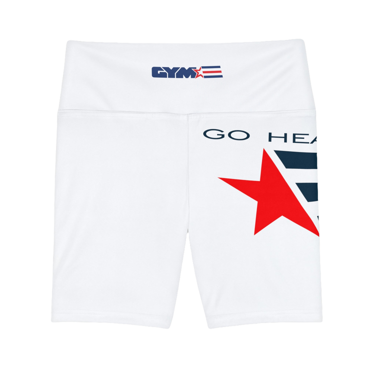A  pair of white Gymstar workout leggings with a blue and black stripe design on the side, featuring the logo on the elastic waistband. Front close up view