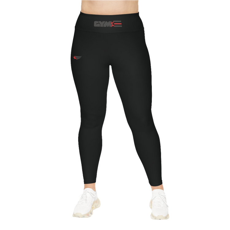 A woman wearing black branded Yoga Women's Workout Plus Size Leggings Gymstar Fitness Clothing.