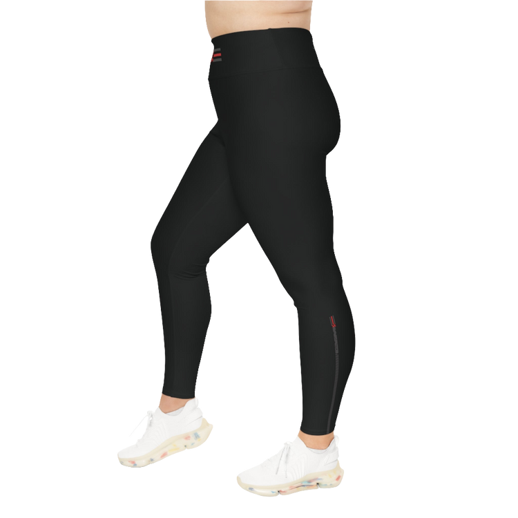 A woman wearing black branded Yoga Women's Workout Plus Size Leggings Gymstar Fitness Clothing. Right side view.