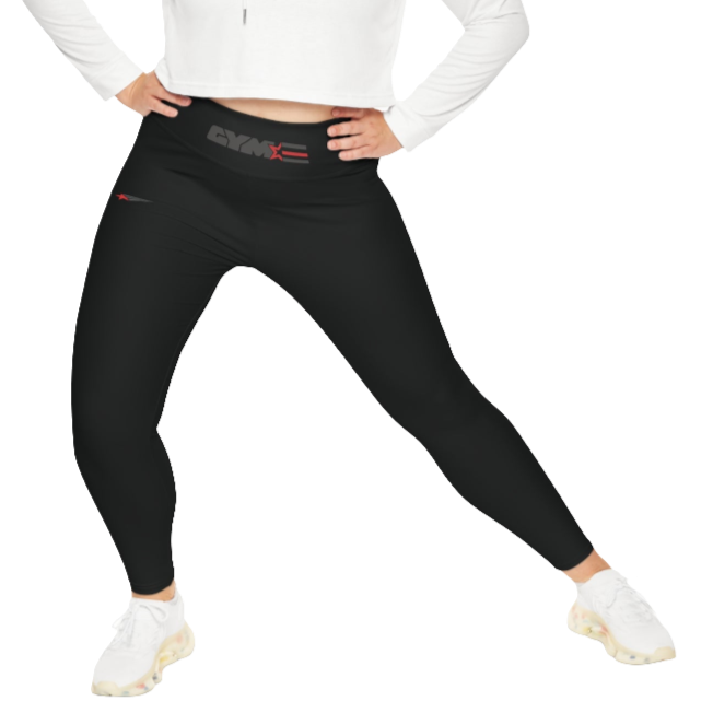A woman wearing black branded Yoga Women's Workout Plus Size Leggings Gymstar Fitness Clothing. Front active view.