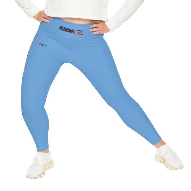 A woman wearing blue high-waisted fitness leggings with a Gymstar logo on the waistband, standing upright with a neutral expression. Front action view.