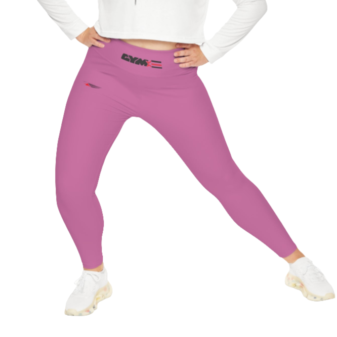 A woman wearing pair of purple high-waisted fitness leggings with a Gymstar logo on the upper left thigh, paired with white sneakers. Front action view.