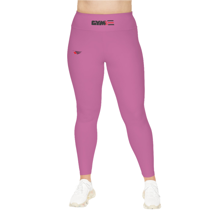 A woman wearing pair of purple high-waisted fitness leggings with a Gymstar logo on the upper left thigh, paired with white sneakers. Front view.