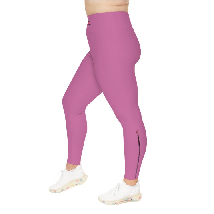 A woman wearing pair of purple high-waisted fitness leggings with a Gymstar logo on the upper left thigh, paired with white sneakers. Left side view.
